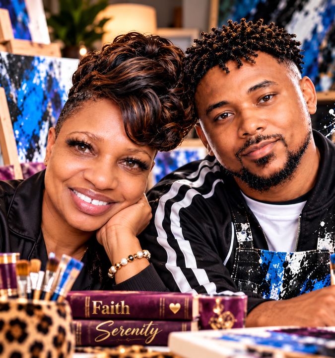 Serenity and Faith together at the art table, mother and son