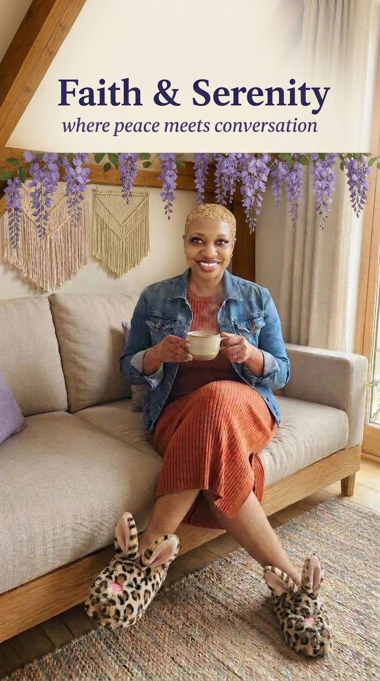 Serenity, the voice, cozy and at home in her leopard slippers